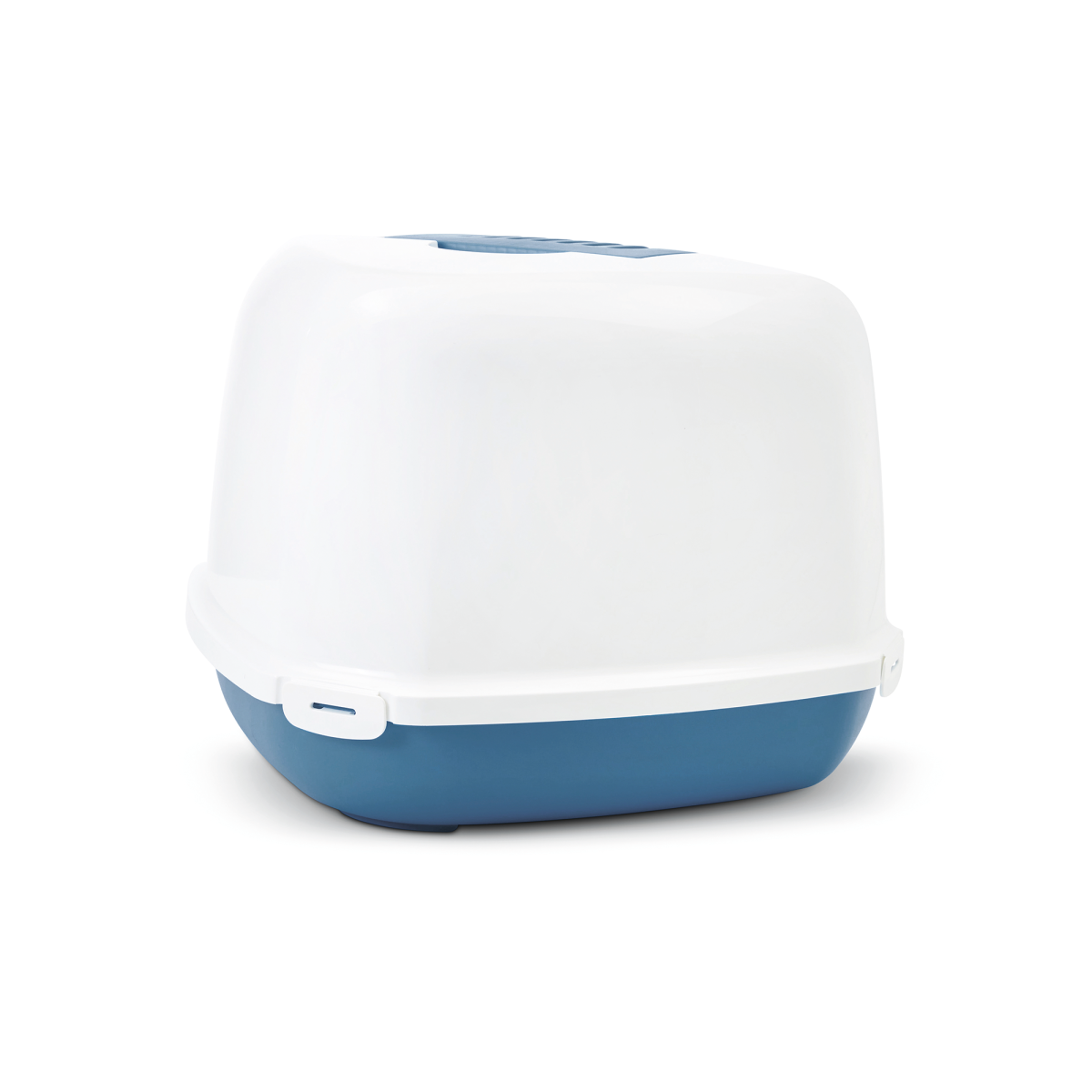 Back view of Savic Nestor Corner Bluestone triangular cat litter box with folding front and white hood