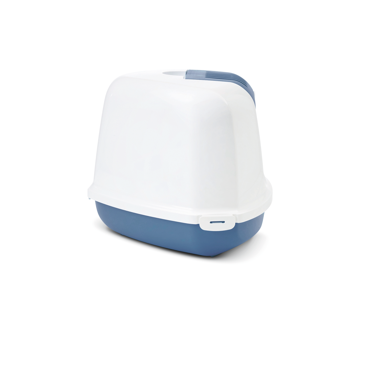 Side view of Savic Nestor Corner Bluestone triangular cat litter box with folding front and white hood