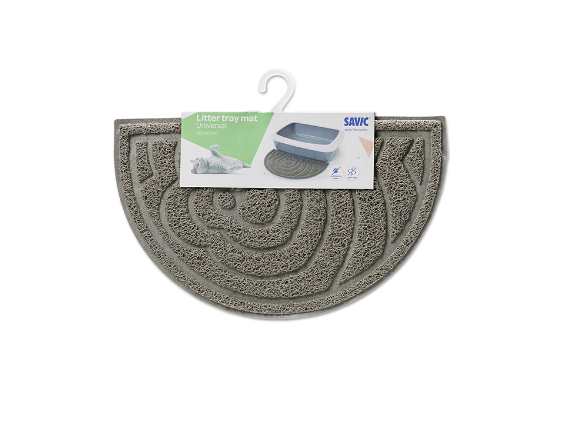 Litter Tray Mat – Universal Cat Litter Box Accessory Savic Litter Tray Mat in grey – universal PVC mat for all cat litter boxes, frontal view with packaging