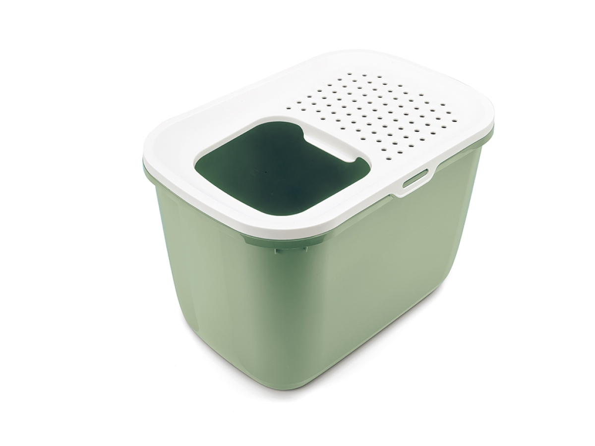 Top view of Savic Hop In Botanical Green top-entry cat litter tray with perforated white lid and high sides