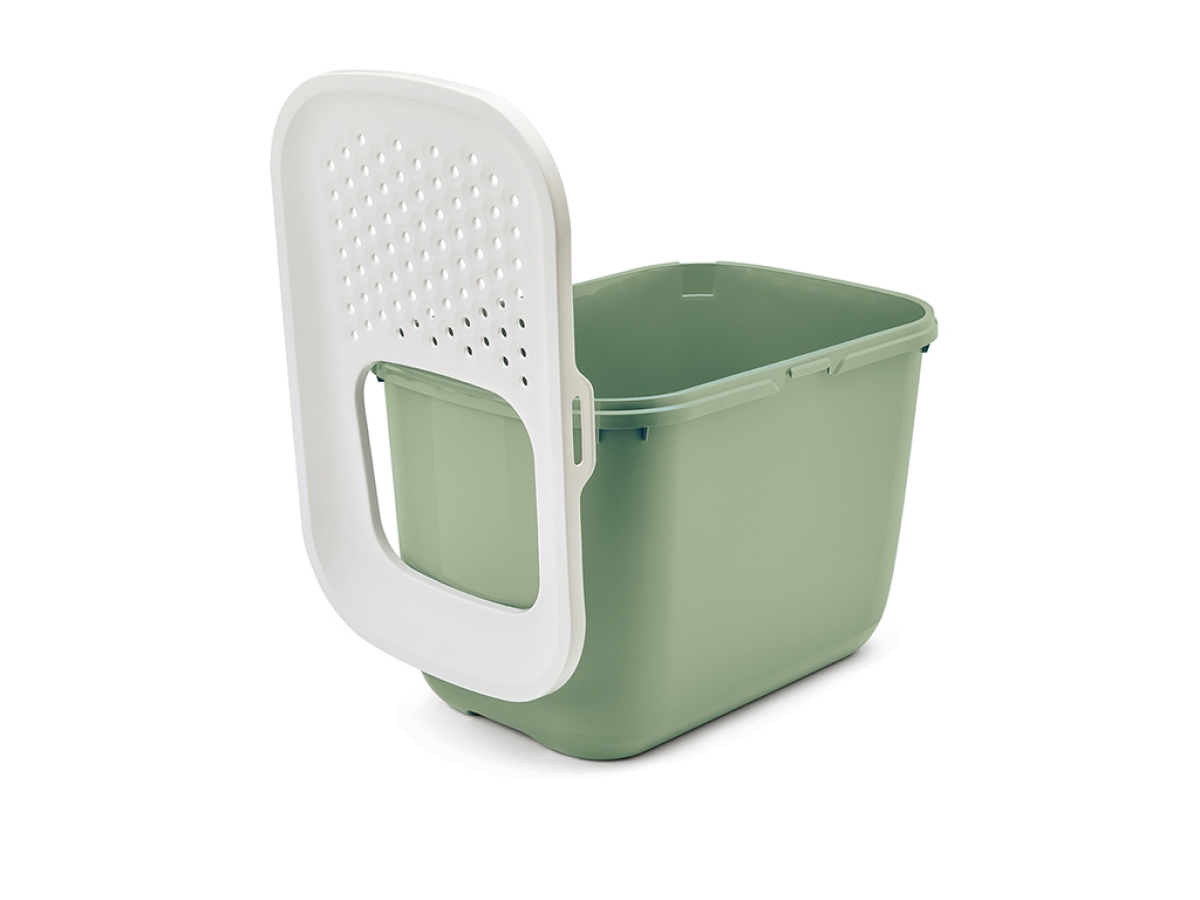 Savic Hop In Botanical Green top-entry cat litter tray with perforated white lid and high sides, lid taken off for cleaning