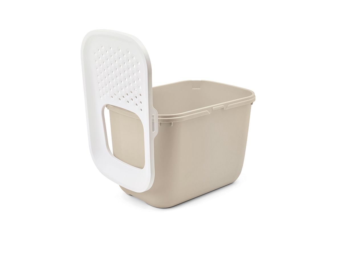 Savic Hop In Mocha top-entry cat litter tray with perforated white lid and warm mocha base, lid taken off for cleaning