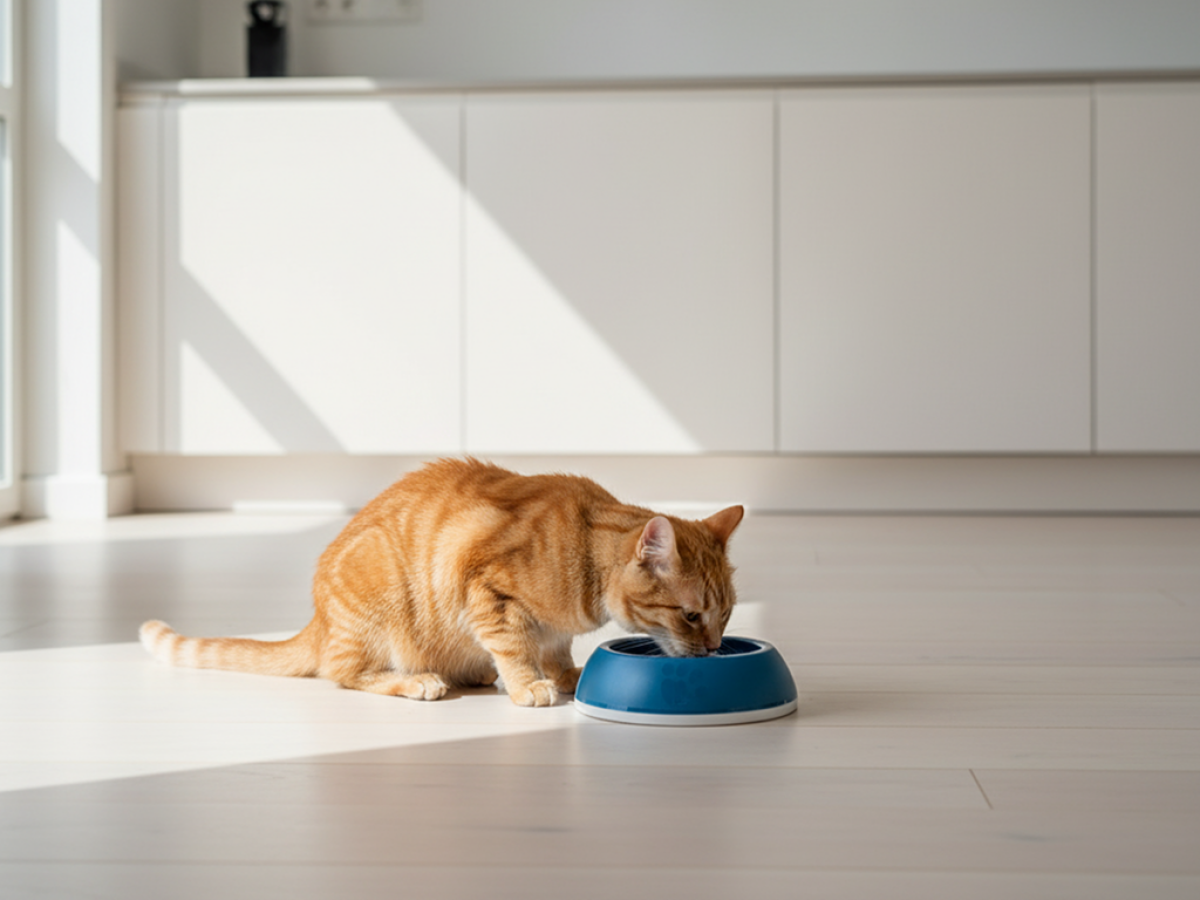 Ginger cat eating from the Savic Delice Cat bowl on a light floor in a modern kitchen
