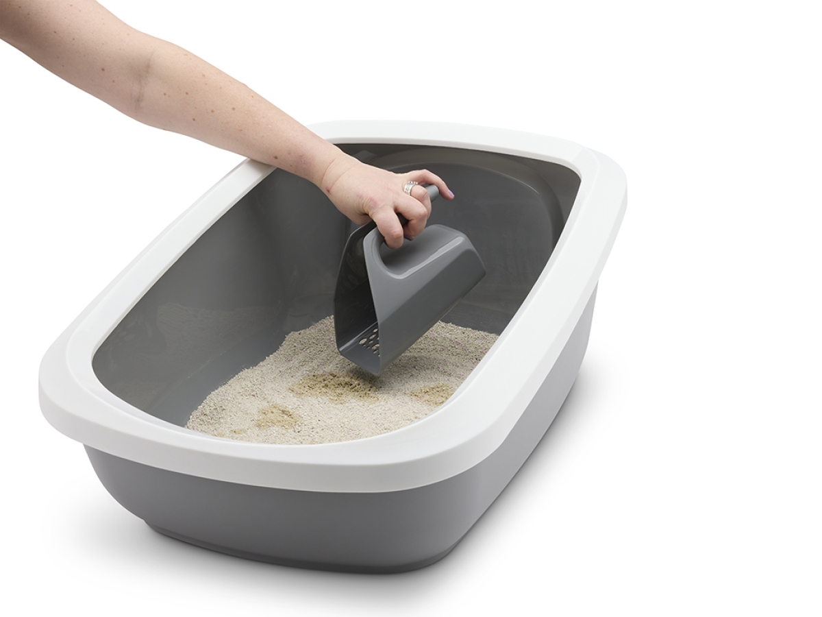 Sift Buddy Cool Grey large grey cat litter scoop with fine mesh for clumping litter showing scooping in litter tray