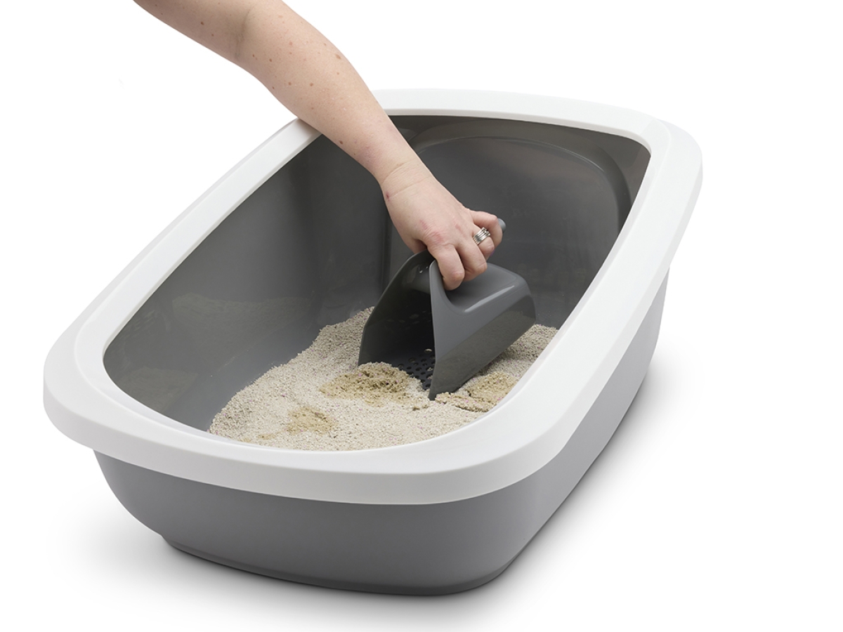 Sift Buddy Cool Grey large grey cat litter scoop with fine mesh for clumping litter showing scooping in litter tray