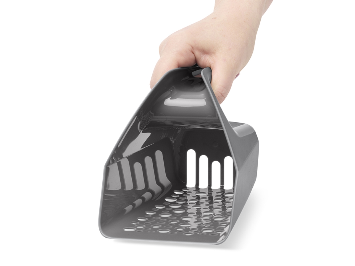 Sift Buddy Cool Grey large grey cat litter scoop with fine mesh for clumping litter showing large scooping capacity
