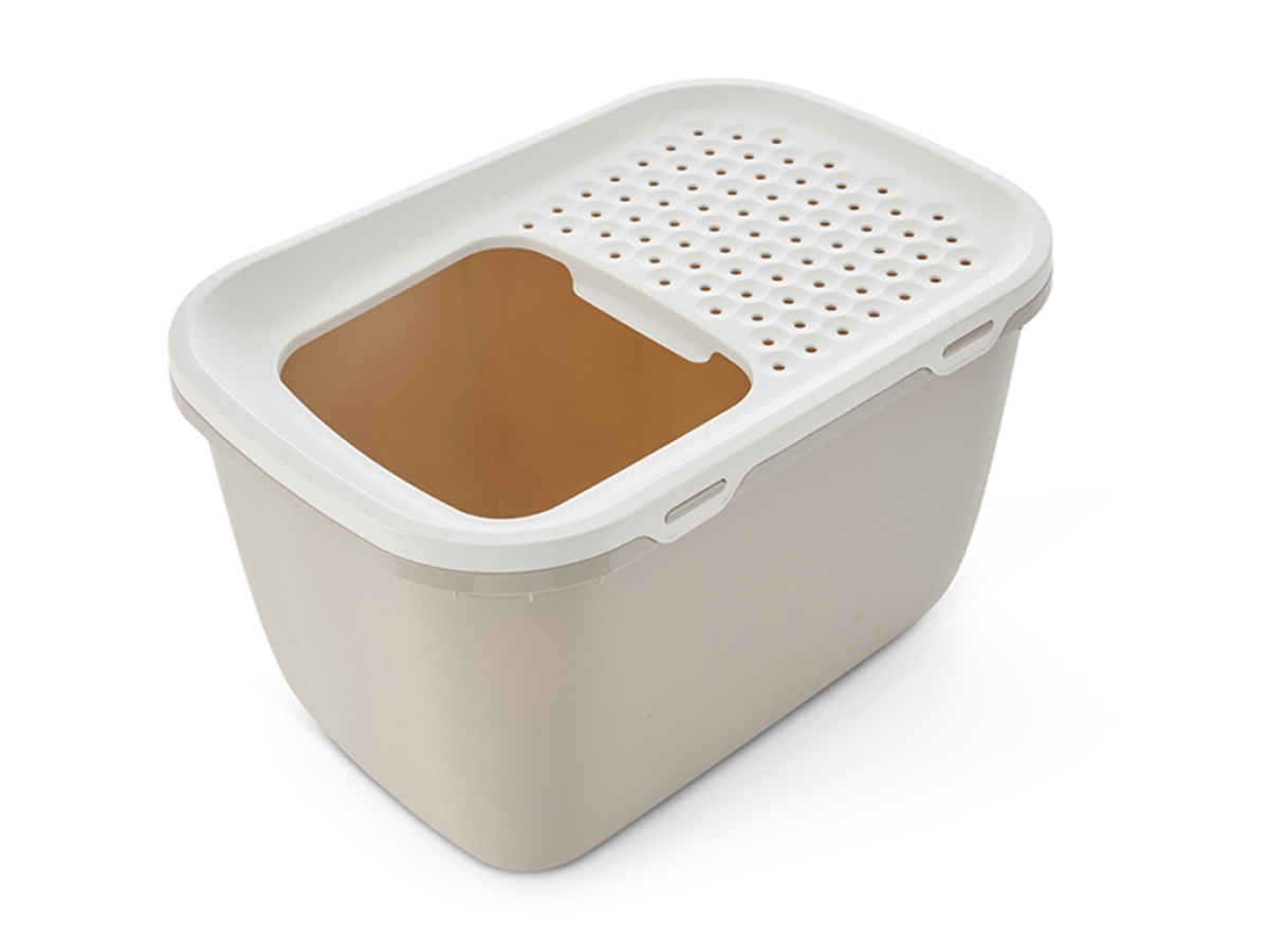 Hop In Giant Mocha – Spacious Top-Entry Litter Tray Top view of Savic Hop In Giant Mocha spacious top-entry cat litter tray with white lid and perforated top