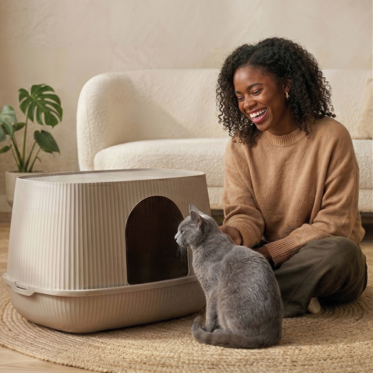 Savic Moona warm grey hooded cat litter box with rounded shape, ribbed surface and front door opening.