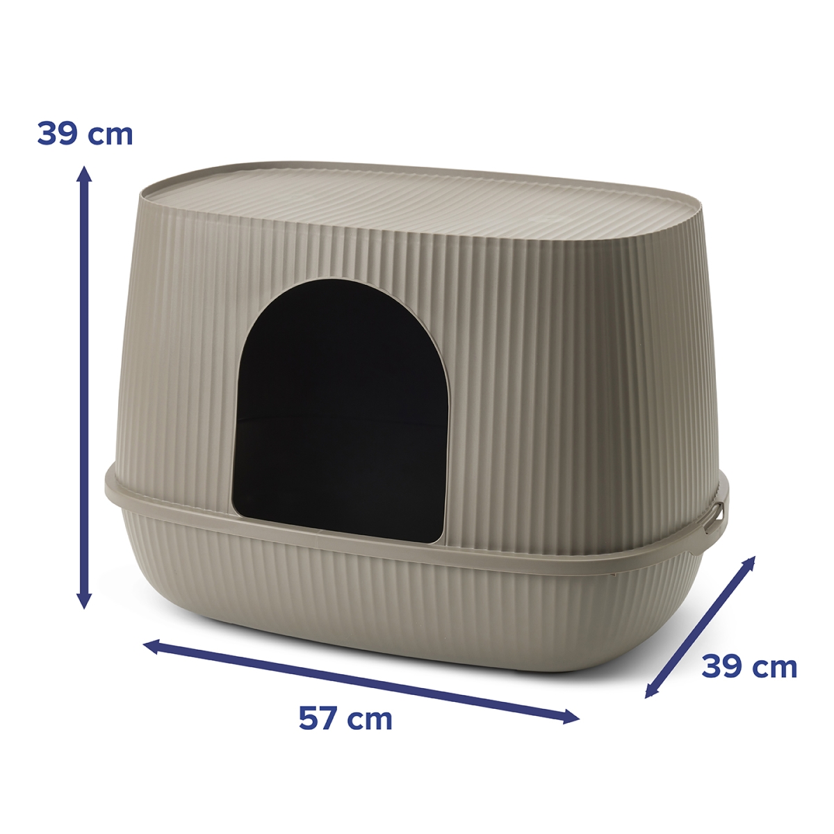 Savic Moona warm grey hooded cat litter box with rounded shape, ribbed surface and front door opening.