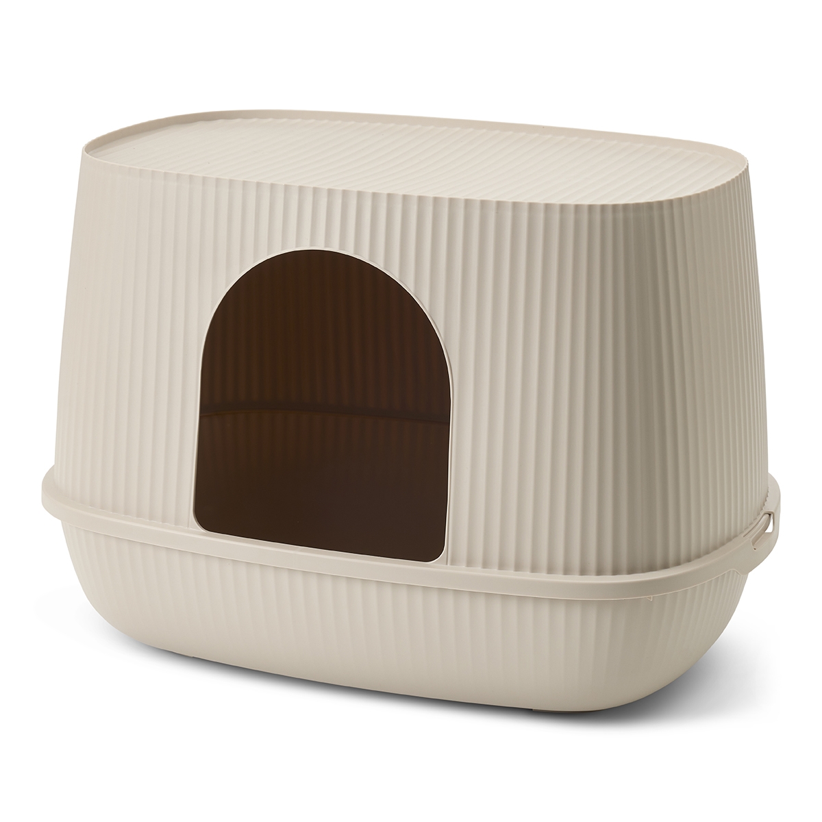 Savic Moona hooded cat litter box in mocha, rounded shape with ribbed surface and front door opening.