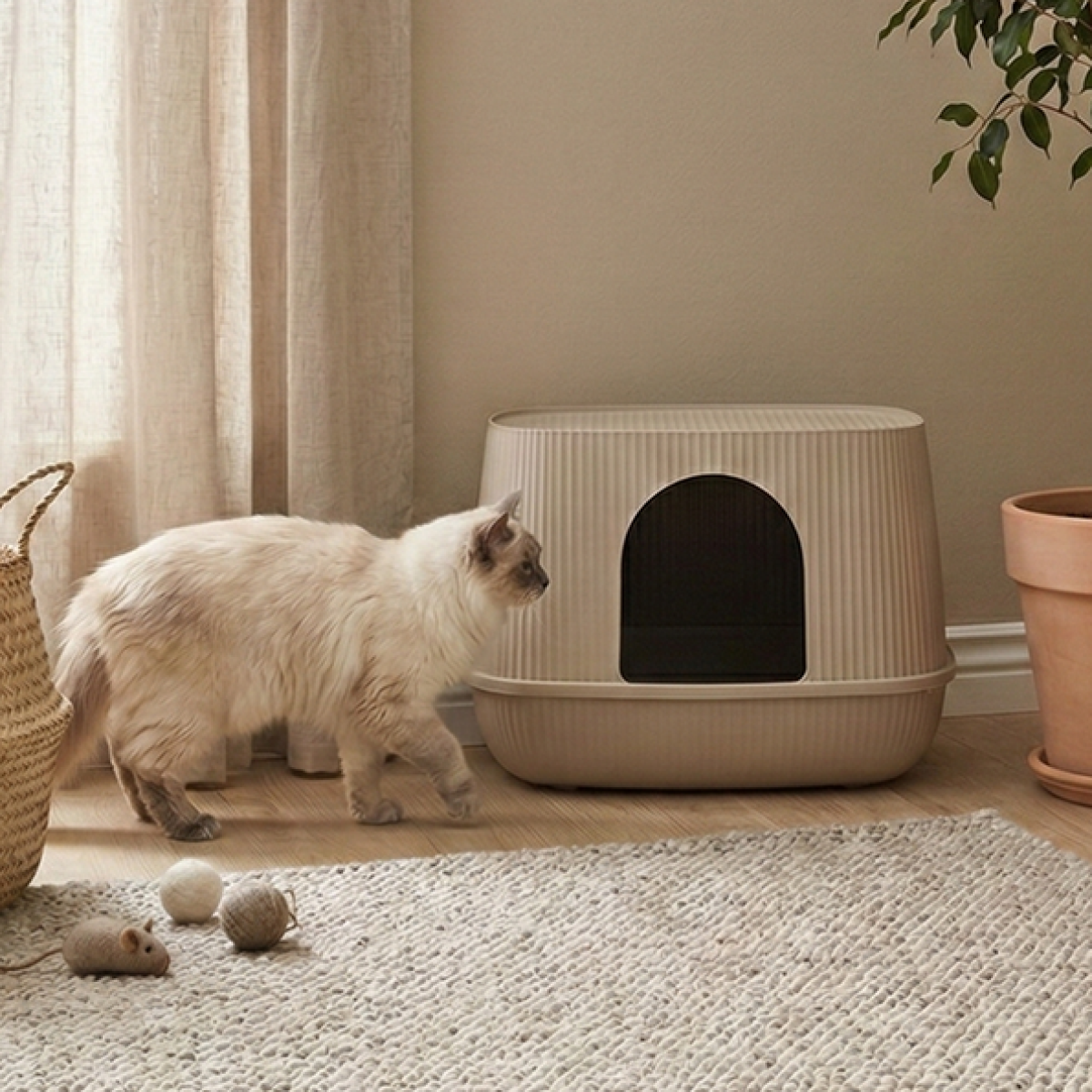 Savic Moona hooded cat litter box in mocha, rounded shape with ribbed surface and front door opening.