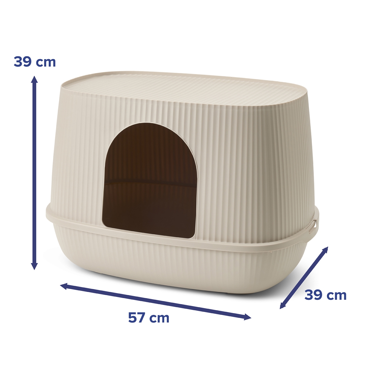 Savic Moona hooded cat litter box in mocha, rounded shape with ribbed surface and front door opening.