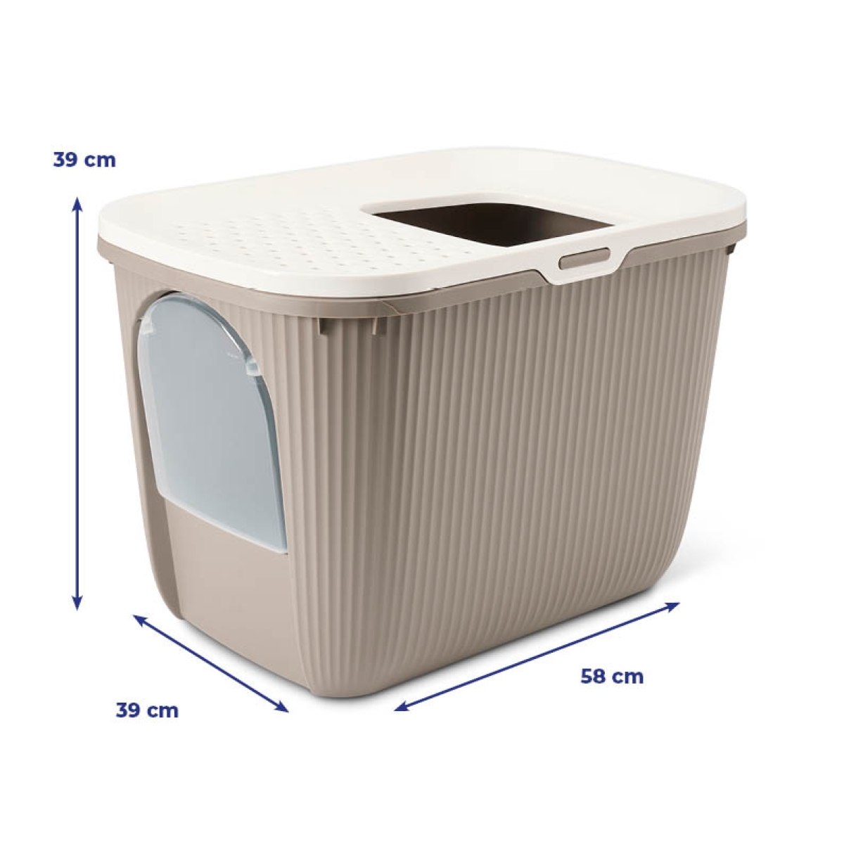 Savic Ease-In warm grey cat litter tray with top entry and front door, ribbed sides and built-in litter grid.