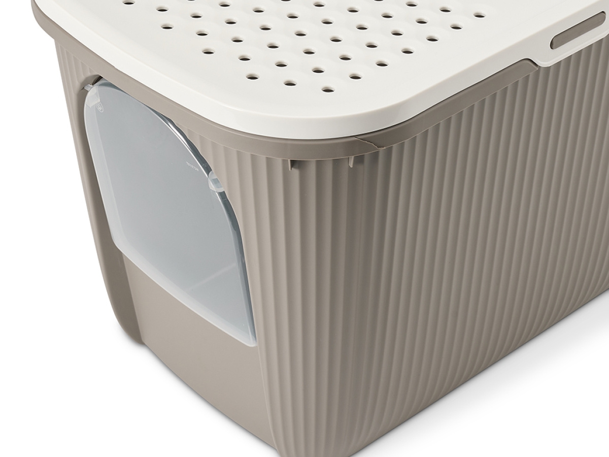 Savic Ease-In warm grey cat litter tray with top entry and front door, ribbed sides and built-in litter grid.