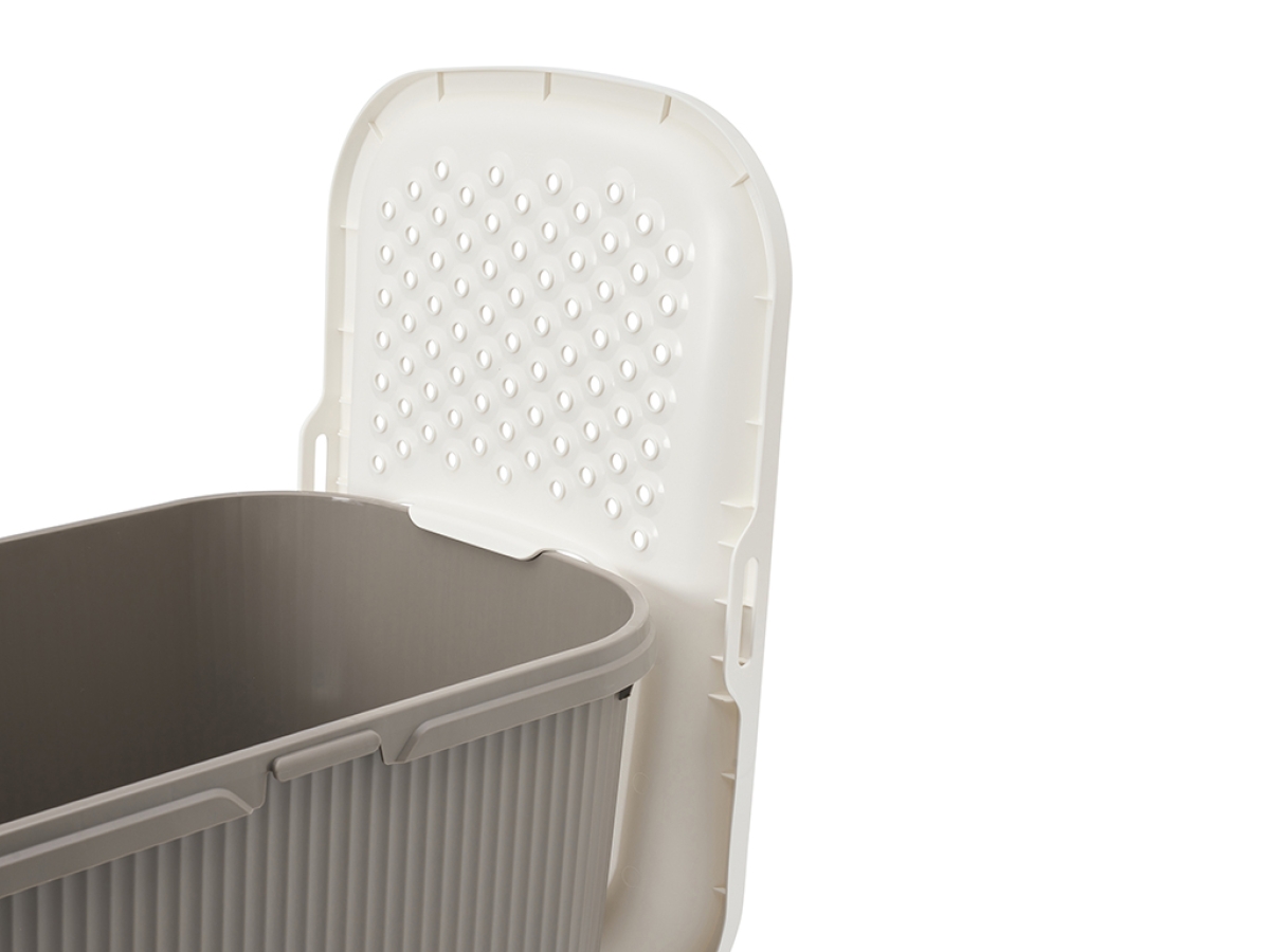 Savic Ease-In warm grey cat litter tray with top entry and front door, ribbed sides and built-in litter grid.