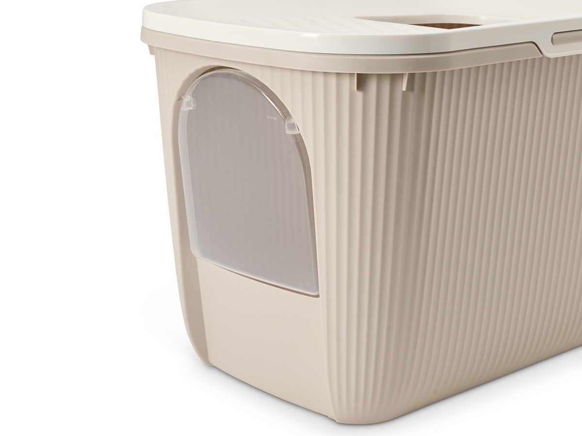 Savic Ease-In mocha cat litter tray with top entry and front door, ribbed sides and built-in litter grid.