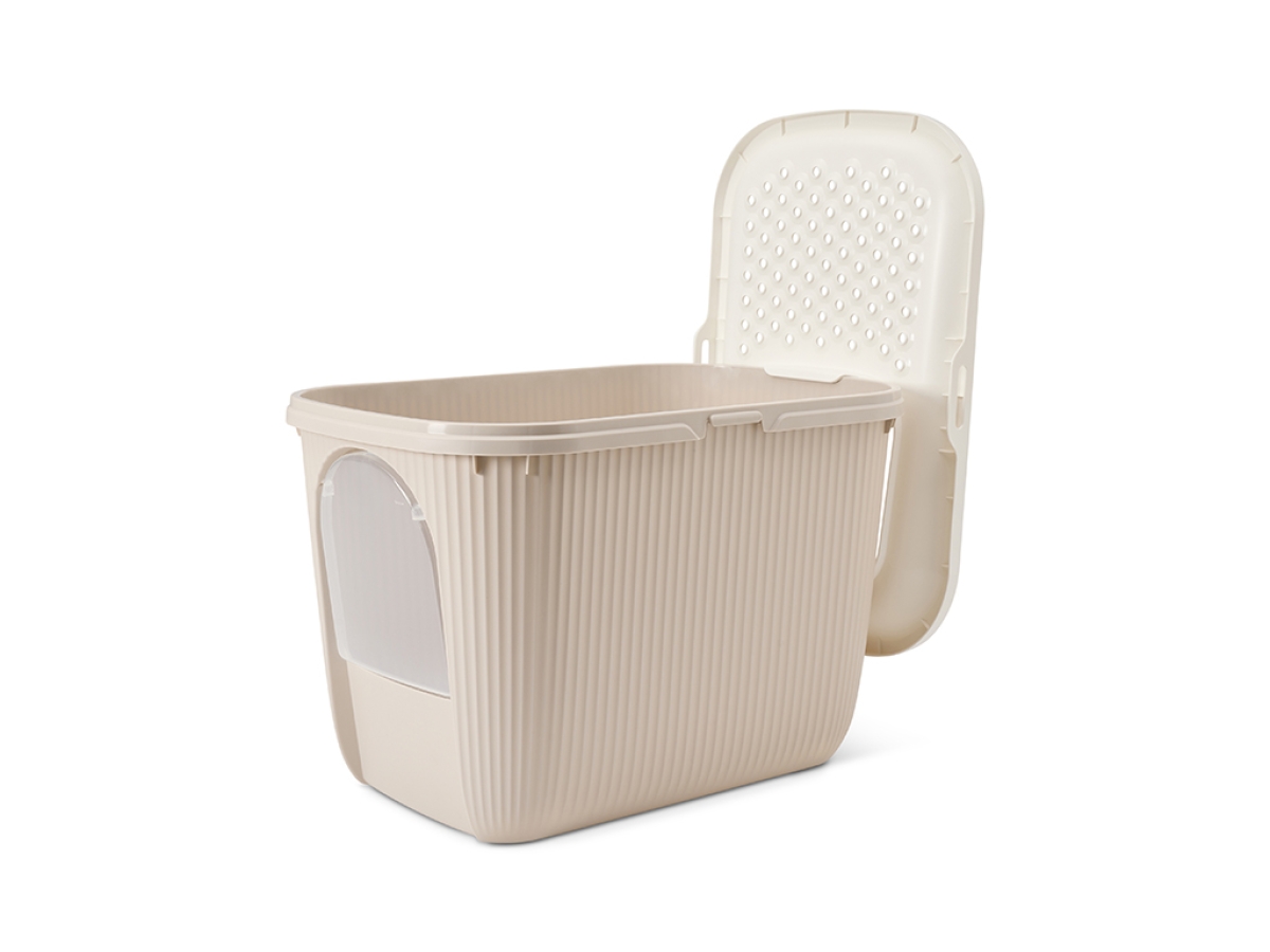 Savic Ease-In mocha cat litter tray with top entry and front door, ribbed sides and built-in litter grid.
