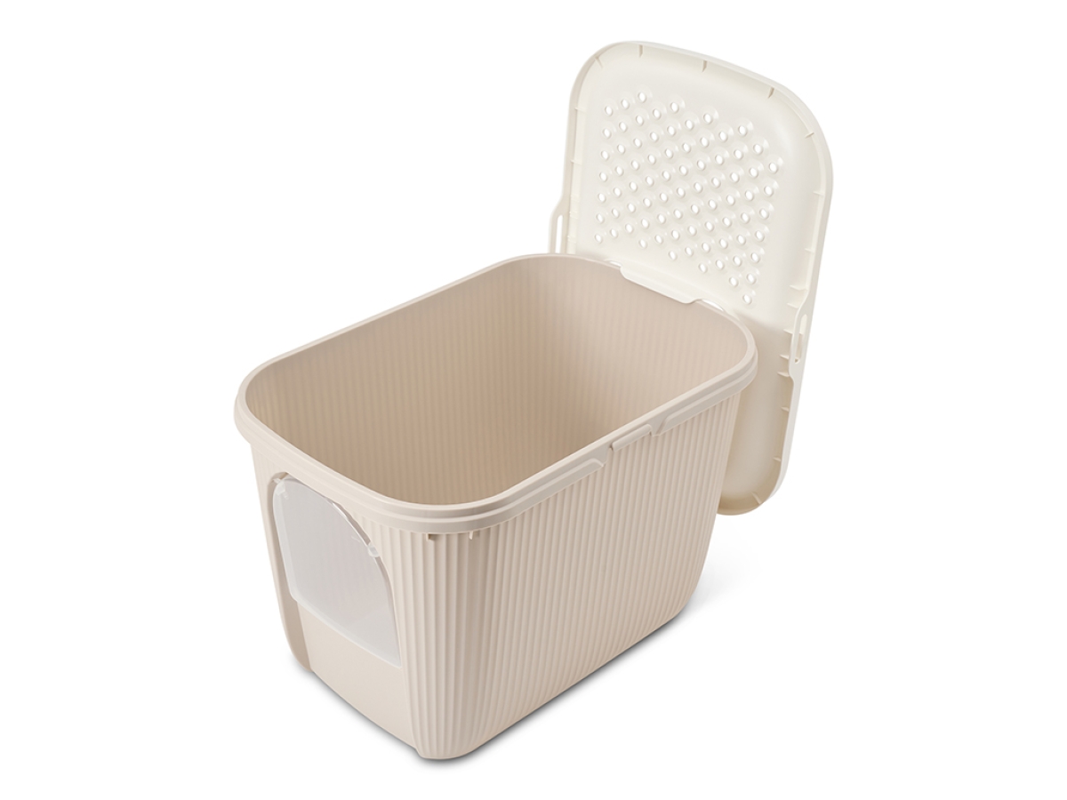 Savic Ease-In mocha cat litter tray with top entry and front door, ribbed sides and built-in litter grid.
