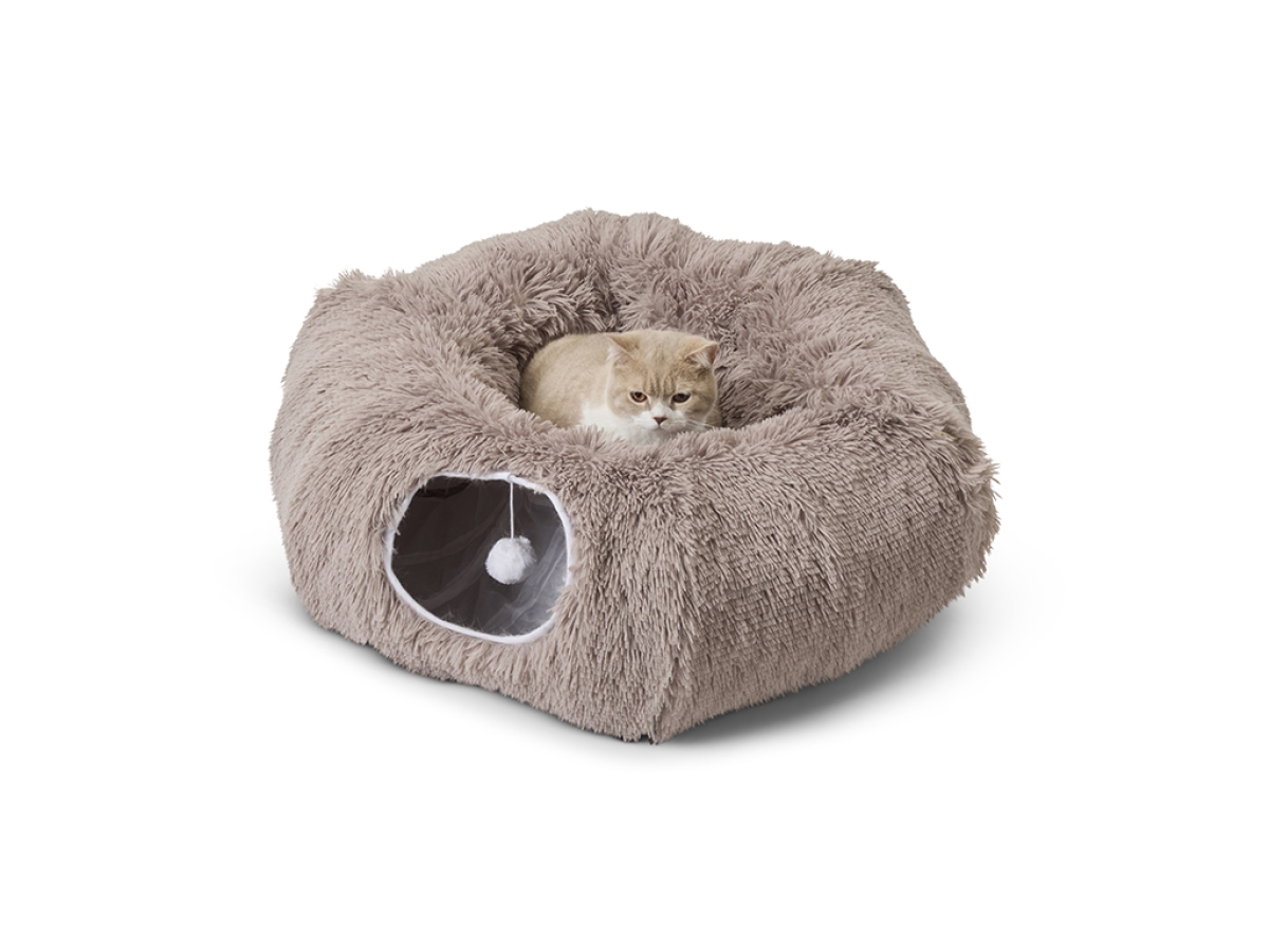 Savic Snuggle Tunnel Warm Grey, shown in donut shape with cushion and two entrances