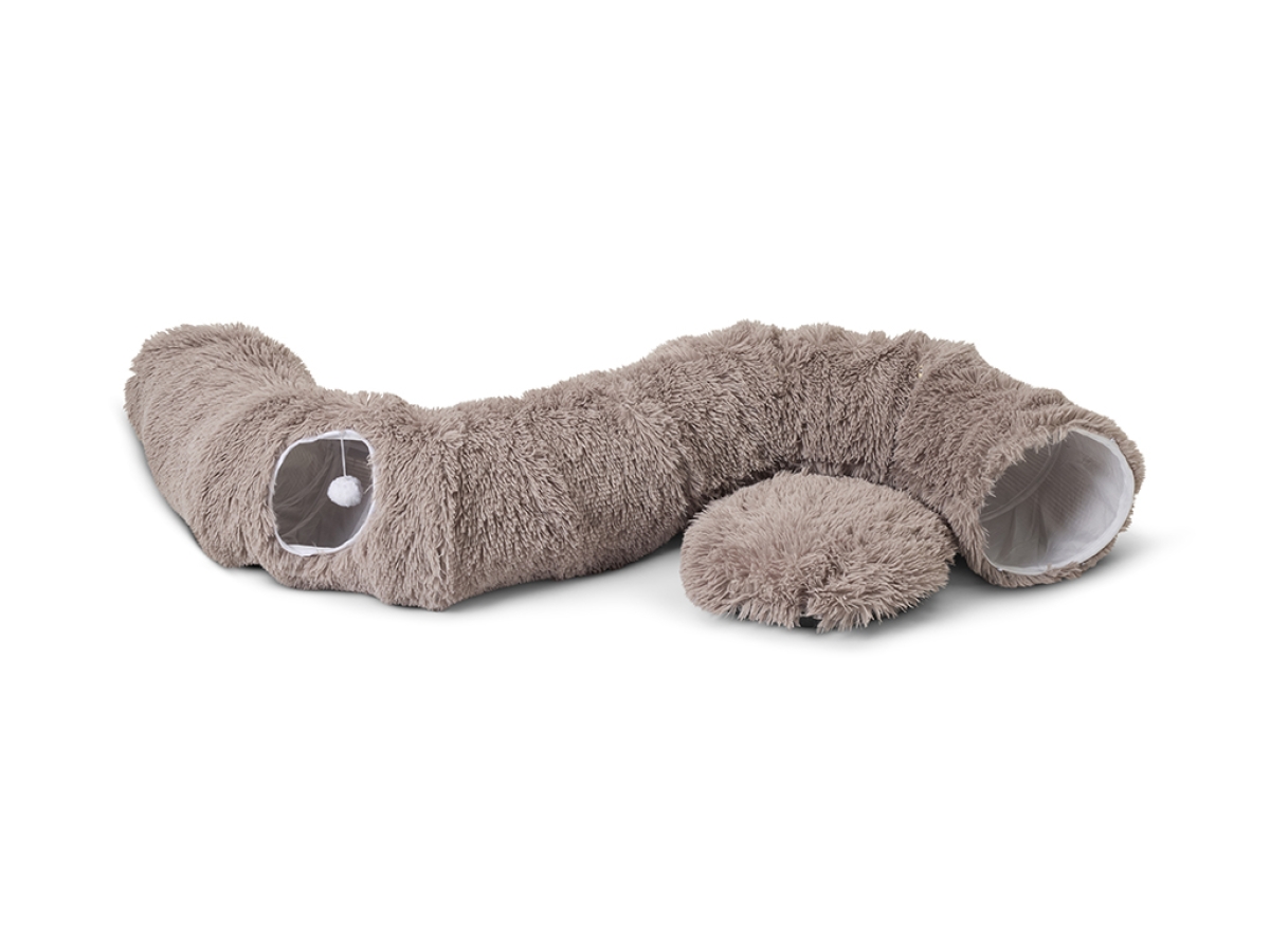 Savic Snuggle Tunnel Warm Grey, shown in donut shape with cushion and two entrances