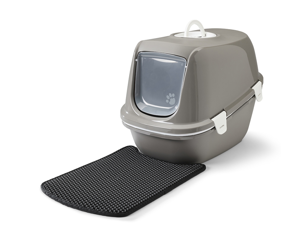 Savic Reina Sift Warm Grey large sifting cat litter box with sieve, high back panel and swing door.