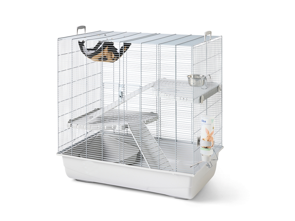 Savic Freddy 2 Max small animal cage 80 x 50 x 80 cm silver wire light grey accessories with platforms and hammock.