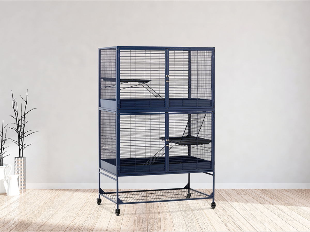 Savic Royal Suite 100 Double small animal cage in navy blue with double doors and storage stand in home setting