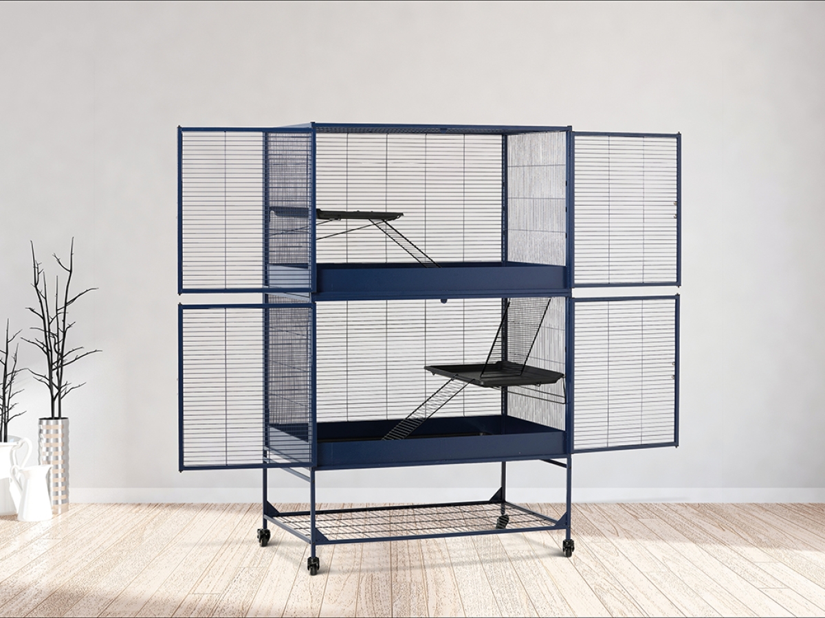 Savic Royal Suite 100 Double small animal cage in navy blue with double doors and storage stand in home setting with open doors