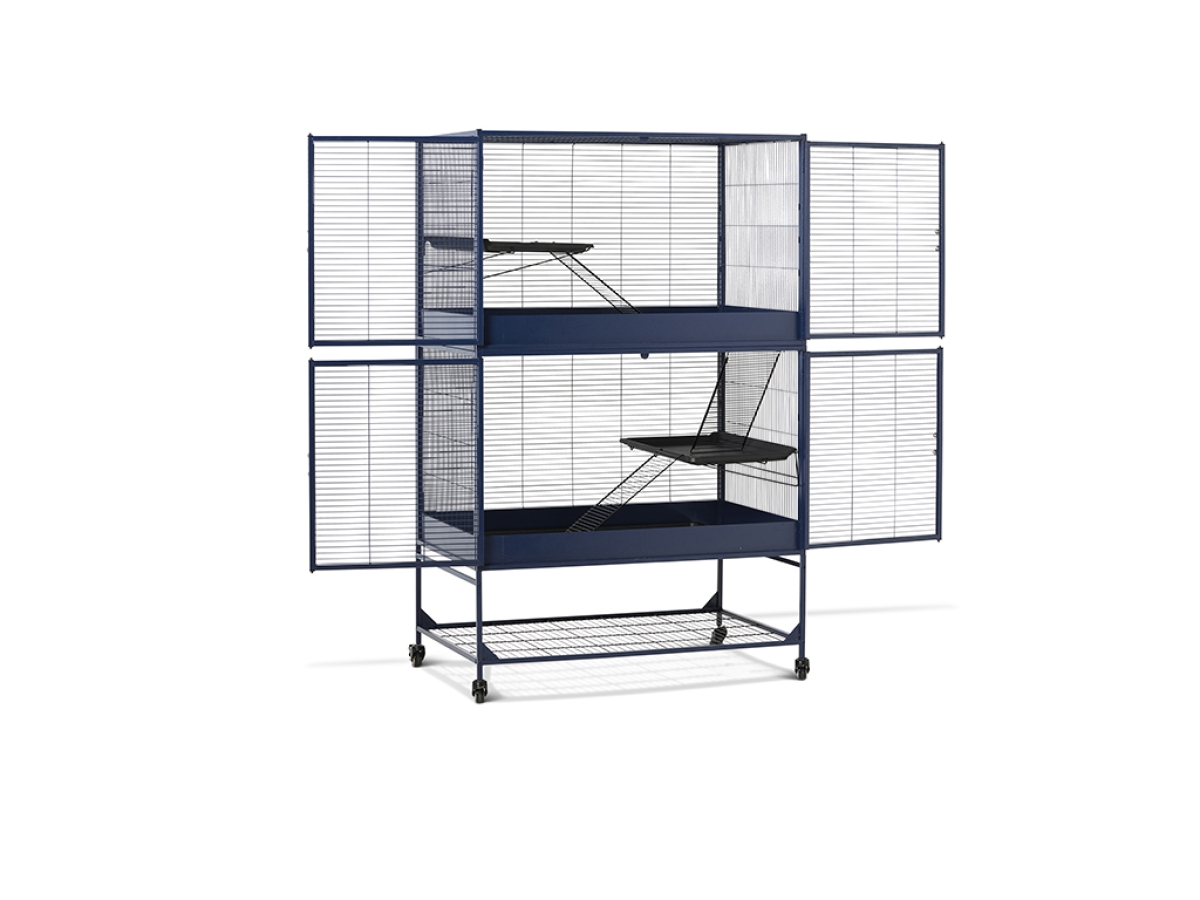 Savic Royal Suite 100 Double small animal cage in navy blue with double doors and storage stand, doors are open