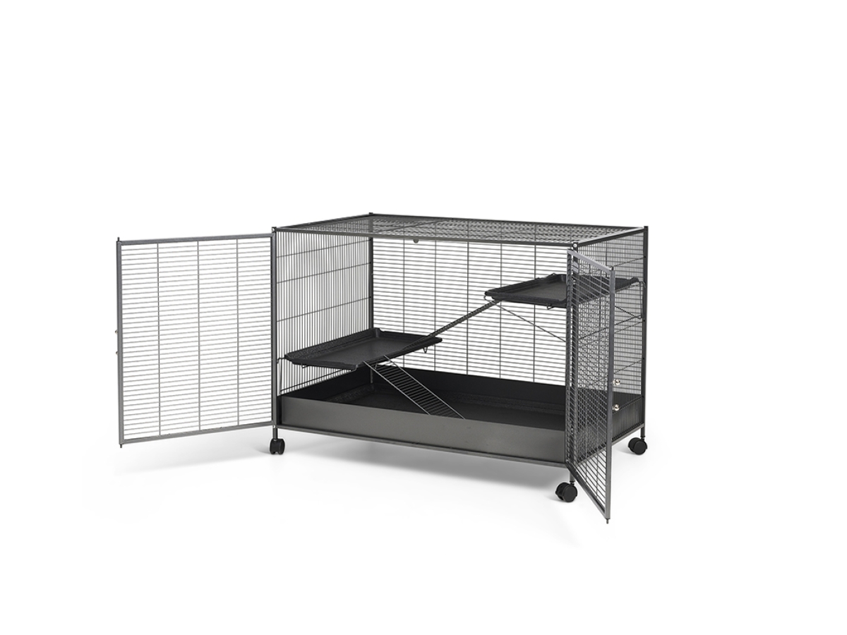 Savic Royal Suite XL Single Unit small animal cage in anthracite – expandable metal cage with wide doors and platforms, doors are open