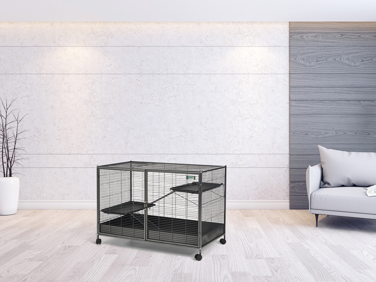Savic Royal Suite XL Single Unit small animal cage in anthracite – expandable metal cage with wide doors and platforms in home setting