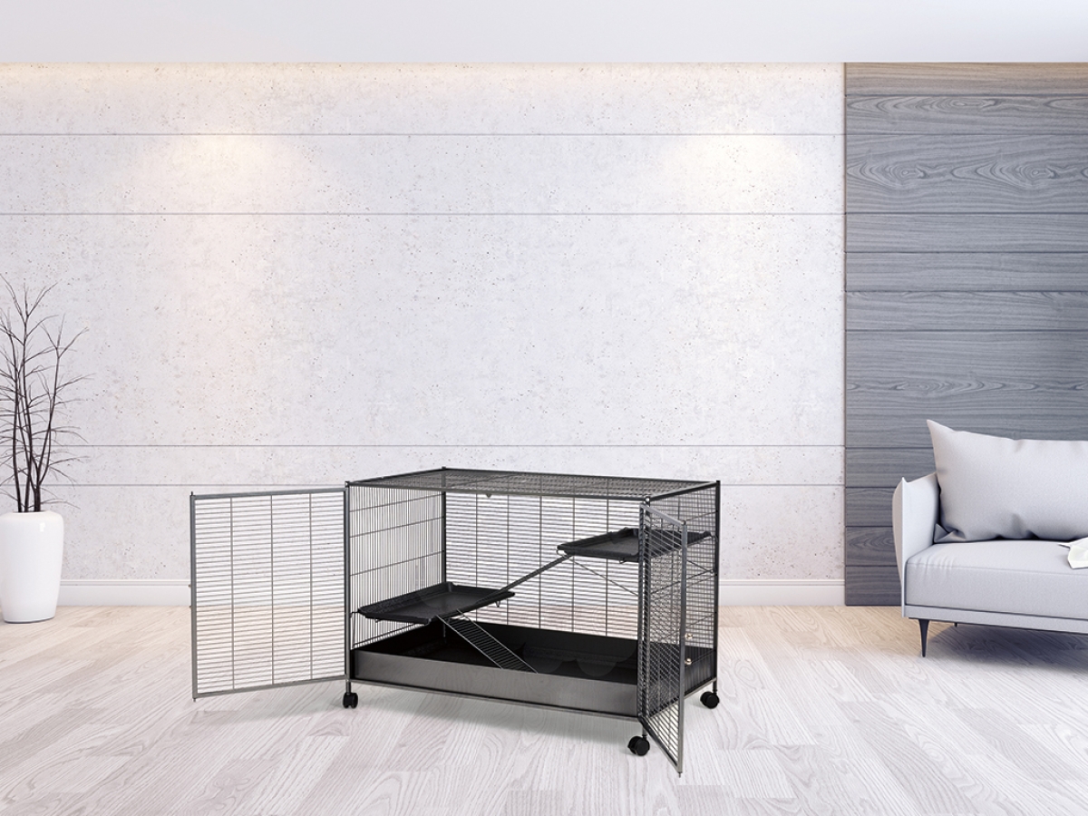 Savic Royal Suite XL Single Unit small animal cage in anthracite – expandable metal cage with wide doors and platforms in home setting with open doors