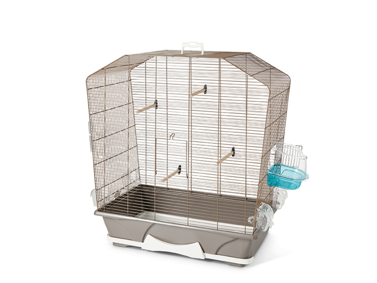 Savic Camille 50 bird cage in Warm Grey – spacious cage with perches, feeders, bird bath, and removable drawer.