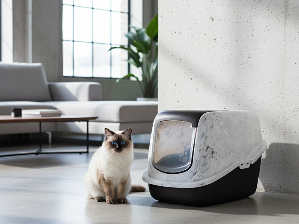 Nestor Marble Grey White – Stylish Cat Litter Box Birman cat next to Savic Nestor marble grey-white cat litter box in modern living room.