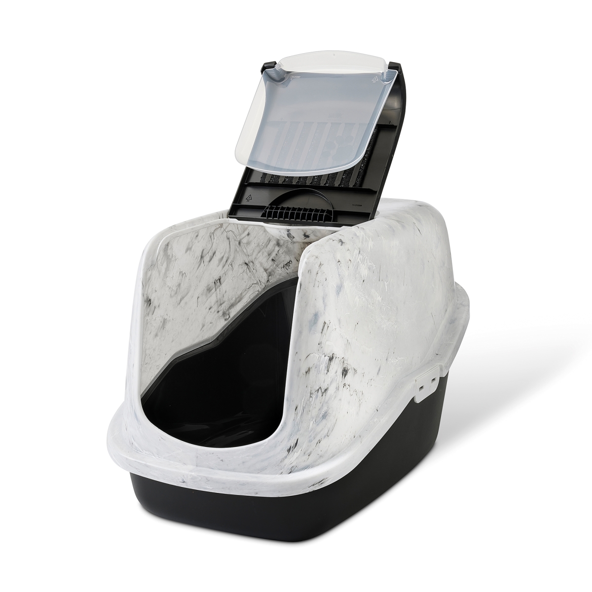 Nestor Marble Grey White – Stylish Cat Litter Box Foldable front open of Savic Nestor Marble cat litter box in grey and white marble finish with folding front and carbon filter, black base