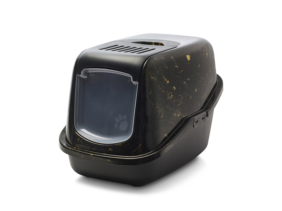 Savic Nestor Marble cat litter box in black and gold marble finish with folding front and carbon filter