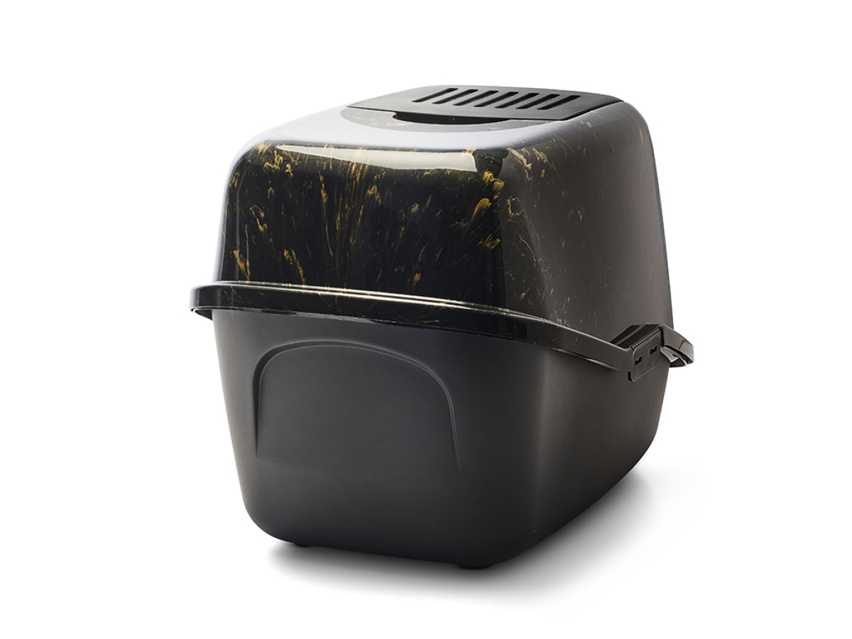 Back view of Savic Nestor Marble cat litter box in black and gold marble finish with folding front and carbon filter