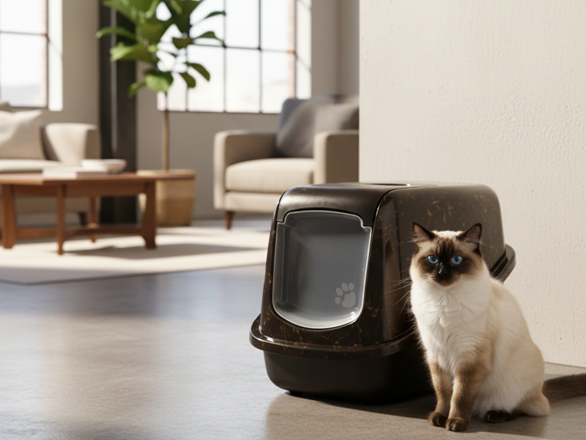 Birman cat beside Savic Nestor marble black-gold cat litter box in living space.