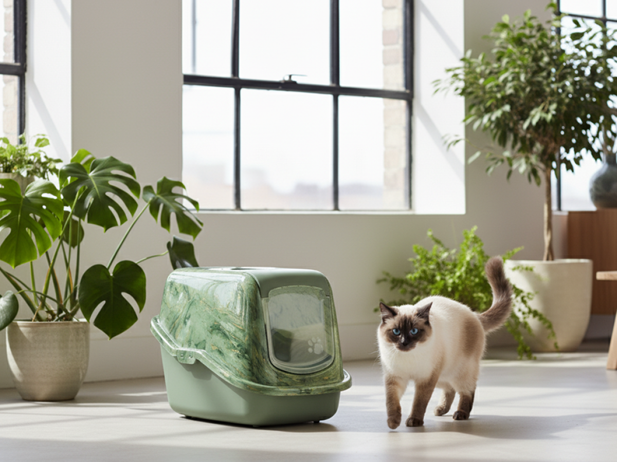 Birman cat lying next to Savic Nestor marble Amazone green cat litter box in bright room.