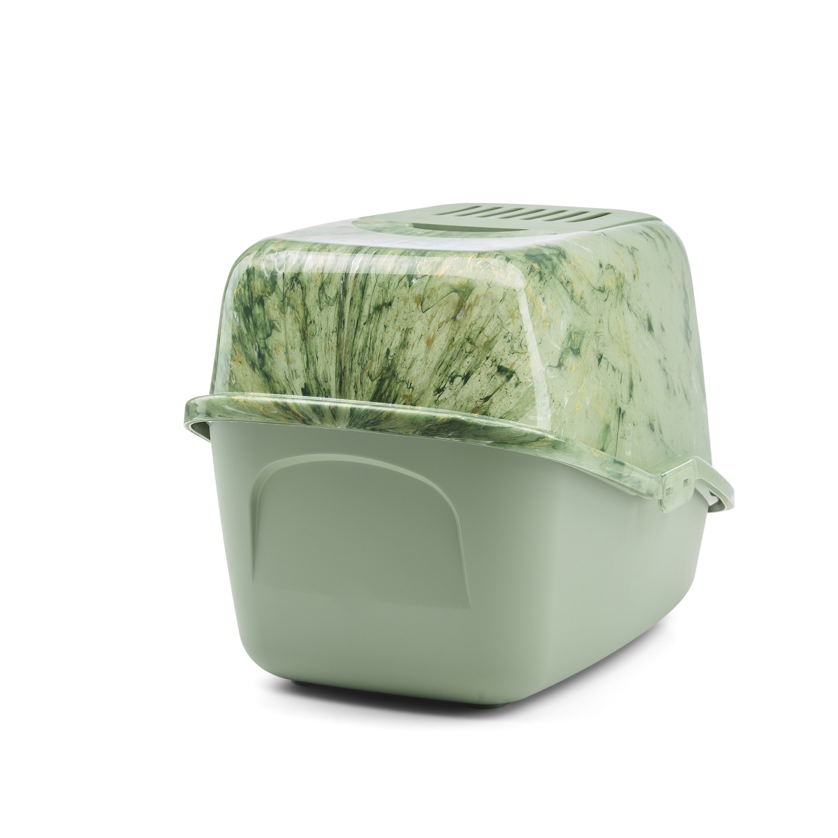 Back view of Savic Nestor Marble cat litter box in marble Amazon green with botanical base and carbon filter