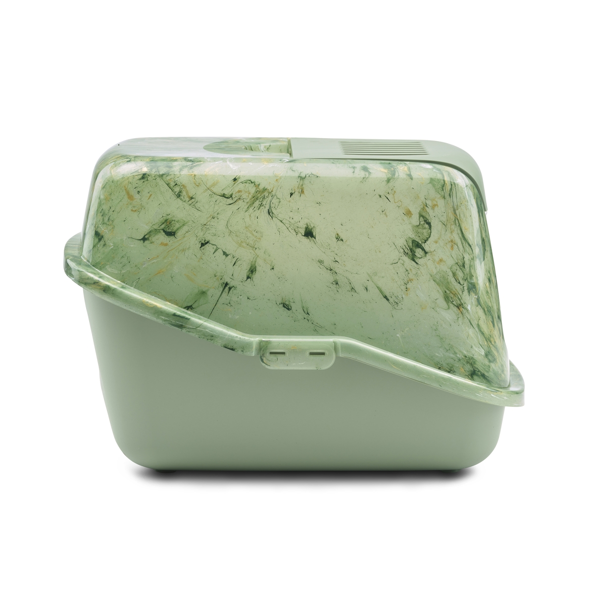 Side view of Savic Nestor Marble cat litter box in marble Amazon green with botanical base and carbon filter