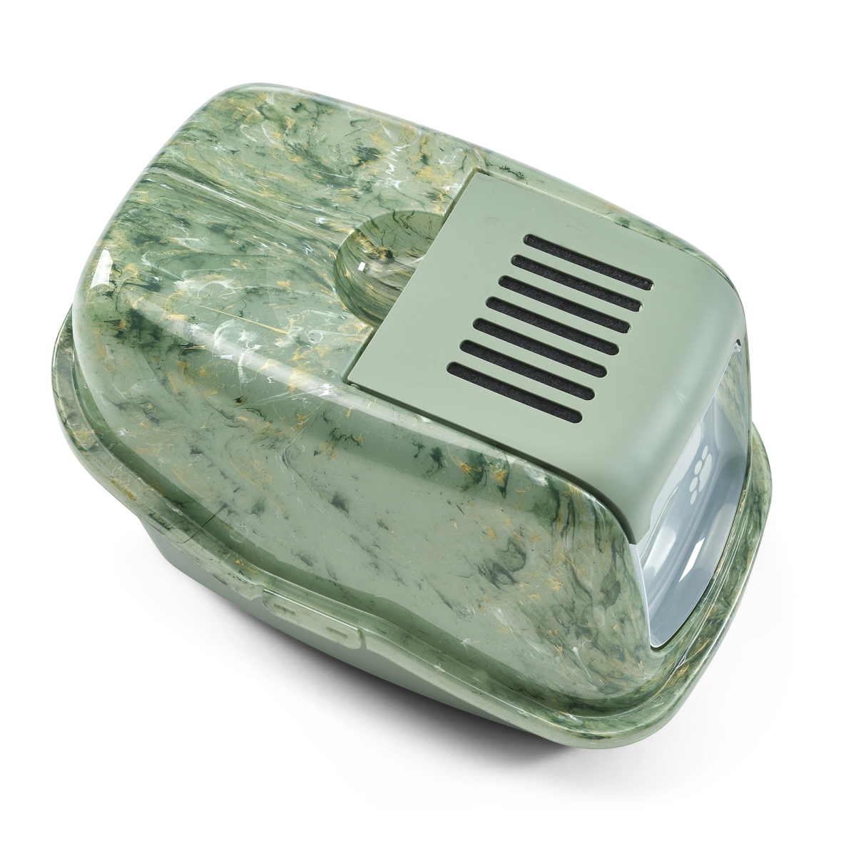 Top view of Savic Nestor Marble cat litter box in marble Amazon green with botanical base and carbon filter