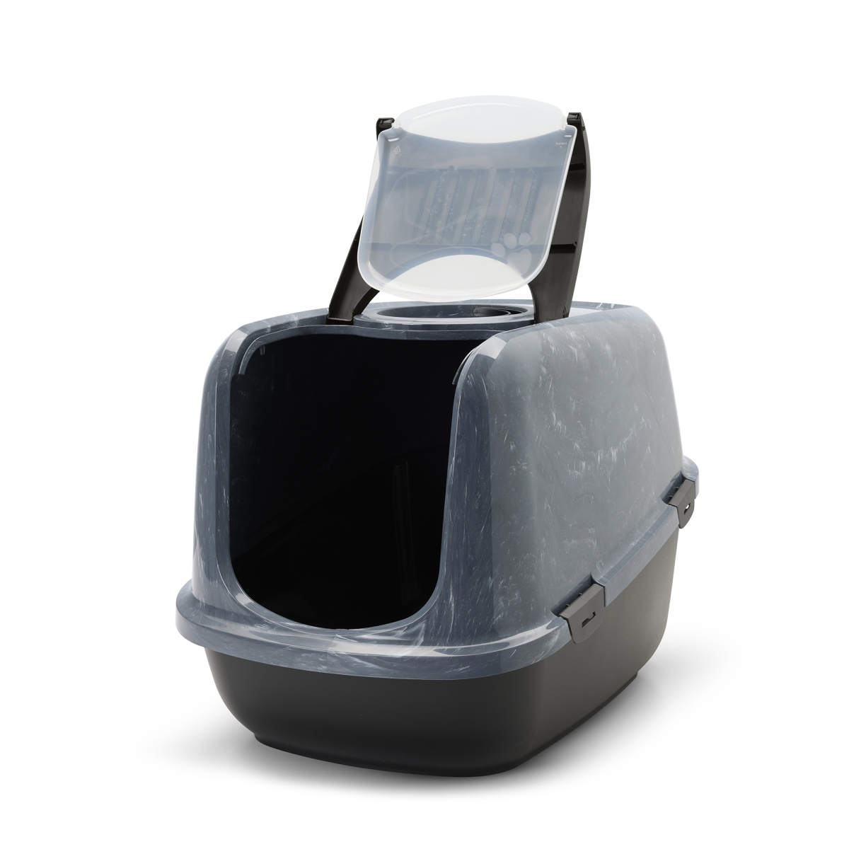 Nestor Jumbo Marble Anthracite White – Stylish Cat Litter Box Open foldable front of Savic Nestor Jumbo Marble cat litter box in anthracite and white marble finish with folding front and carbon filter