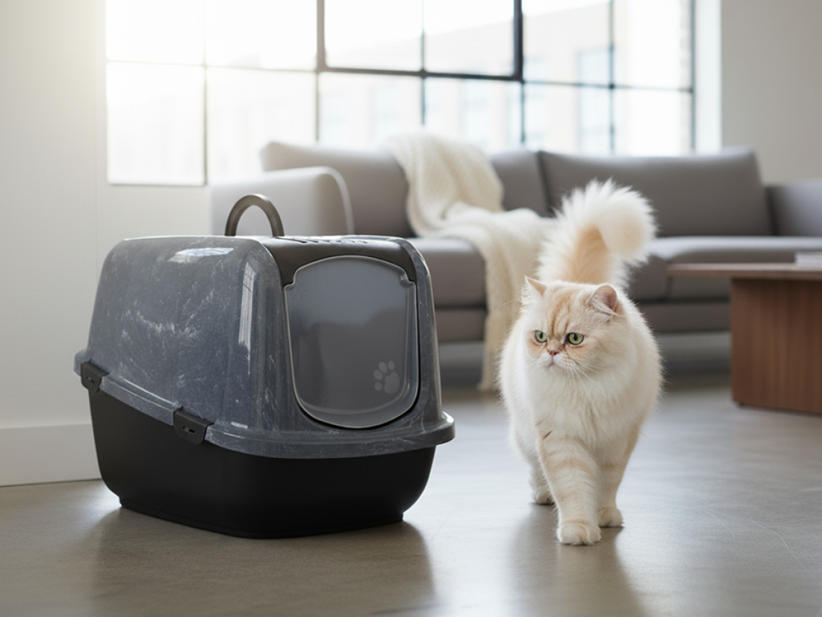Nestor Jumbo Marble Anthracite White – Stylish Cat Litter Box Cream cat walking next to Savic Nestor Jumbo marble anthracite cat litter box in modern living room.