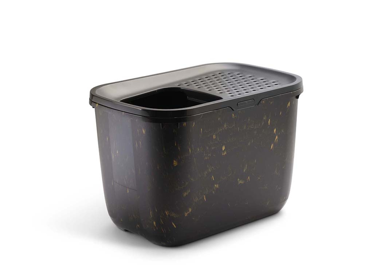 Hop In Marble Black Gold – Stylish Top-Entry Litter Tray Savic Hop In Marble Black Gold stylish top-entry cat litter tray with perforated lid and marble finish
