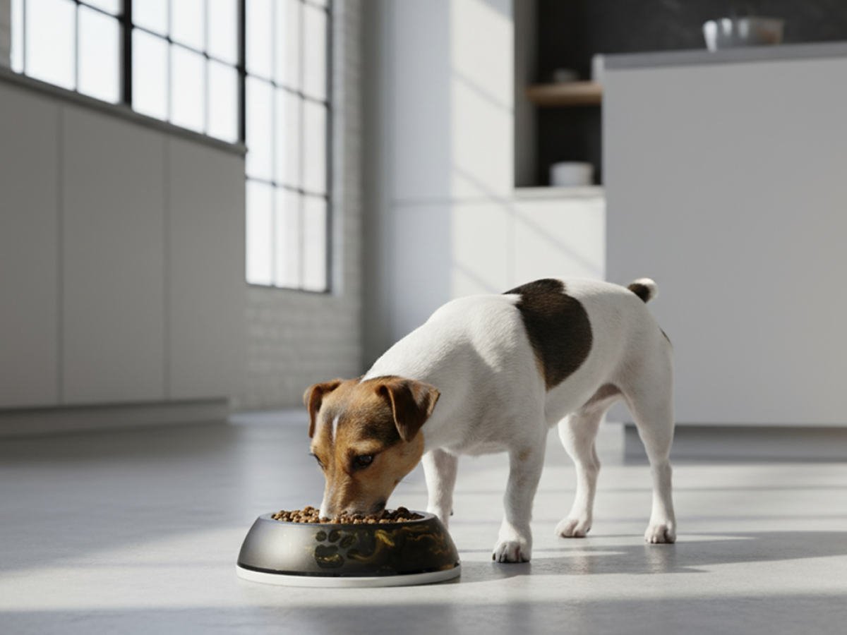 Small Jack Russell eating from Savic Delice marble dog feeding bowl in modern kitchen.