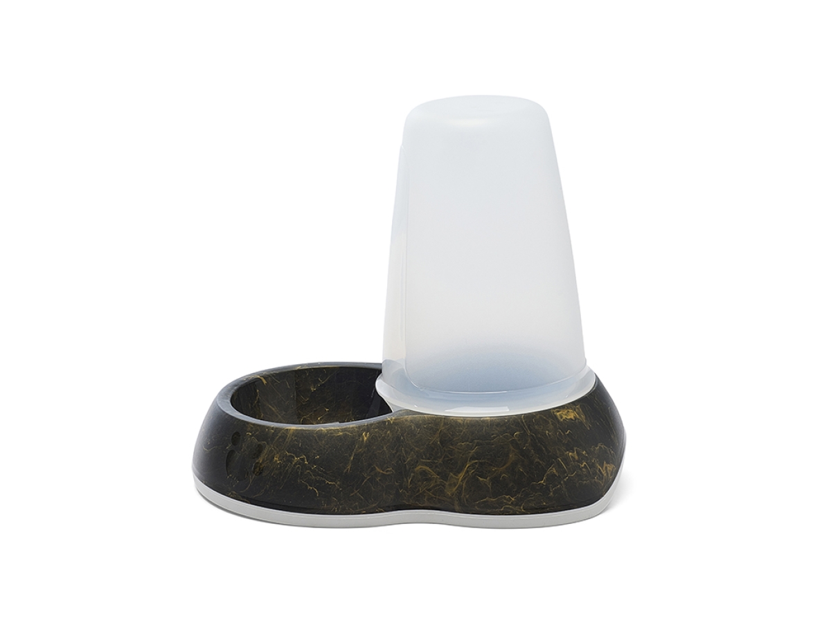 Loop Marble Food Medium – Stylish Food Dispenser 1.5 L Side view of Savic Loop Marble Food Medium dispenser in marble black gold with transparent container and non-slip base