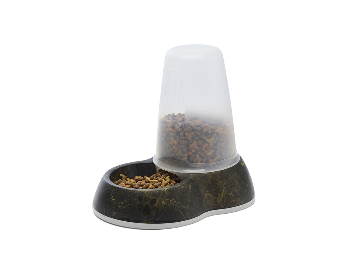 Loop Marble Food Medium – Stylish Food Dispenser 1.5 L Savic Loop Marble Food Medium dispenser in marble black gold with transparent container and non-slip base filled with food