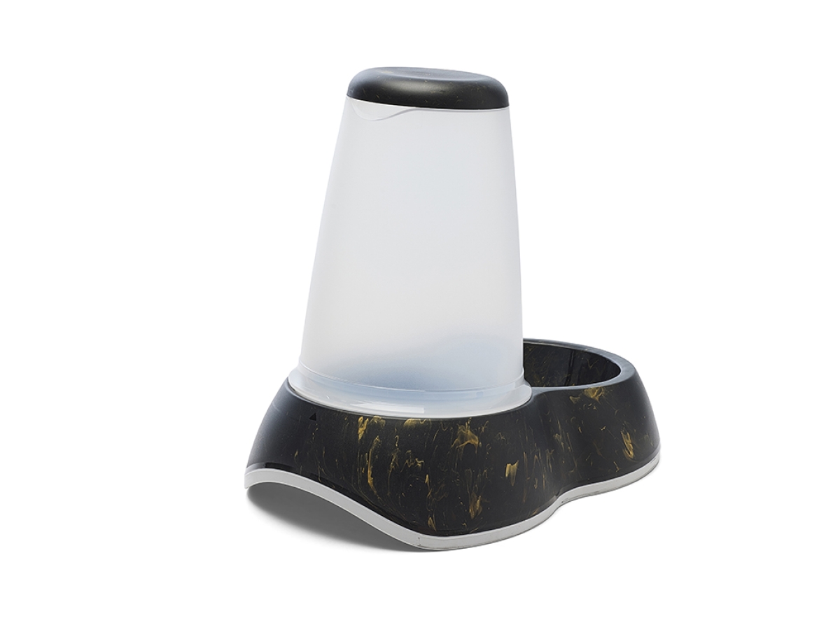 Back view of Savic Loop Marble Water Large dispenser in marble black gold with transparent water container and non-slip base