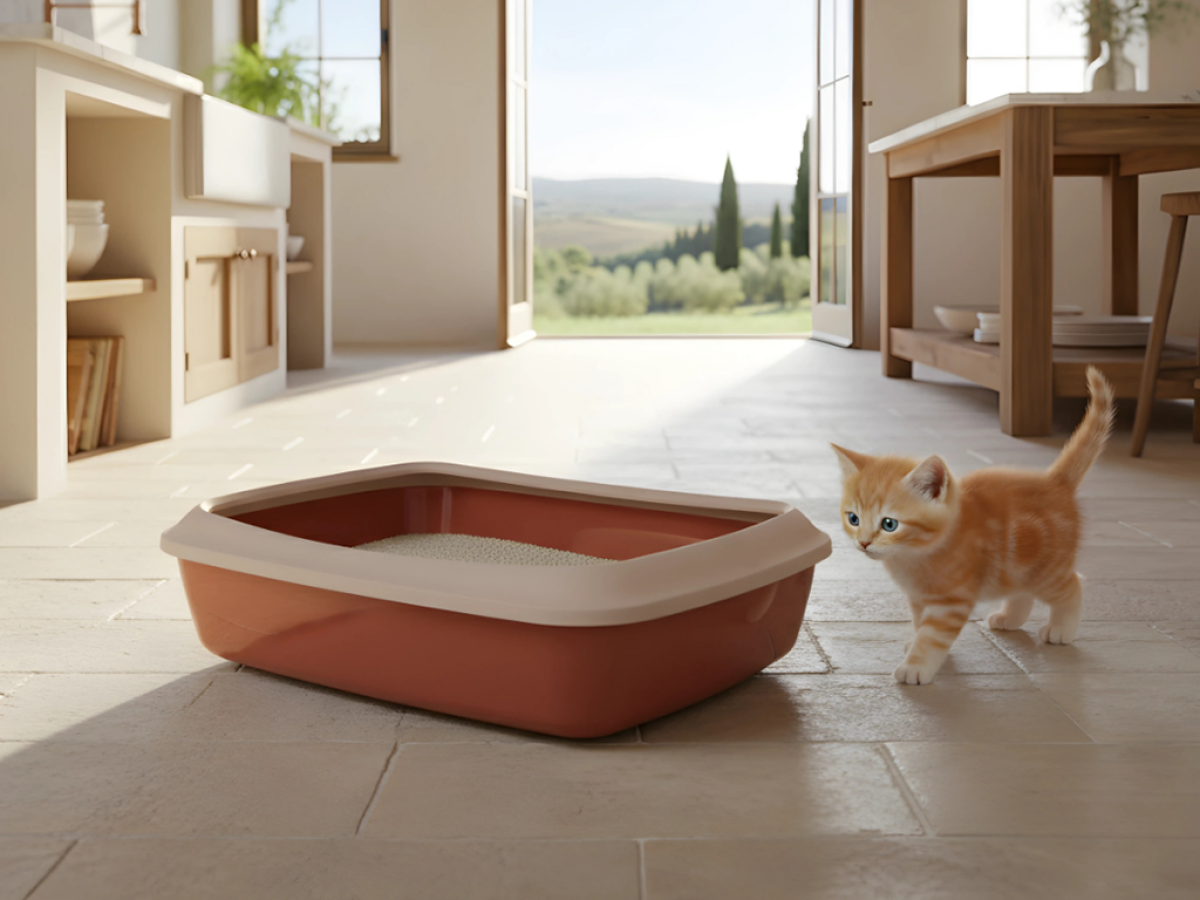 Ginger kitten walking to Savic Iriz 50 cm Tuscan Red cat litter tray with champagne rim and paw-patterned edge filled with litter in Tuscan interior